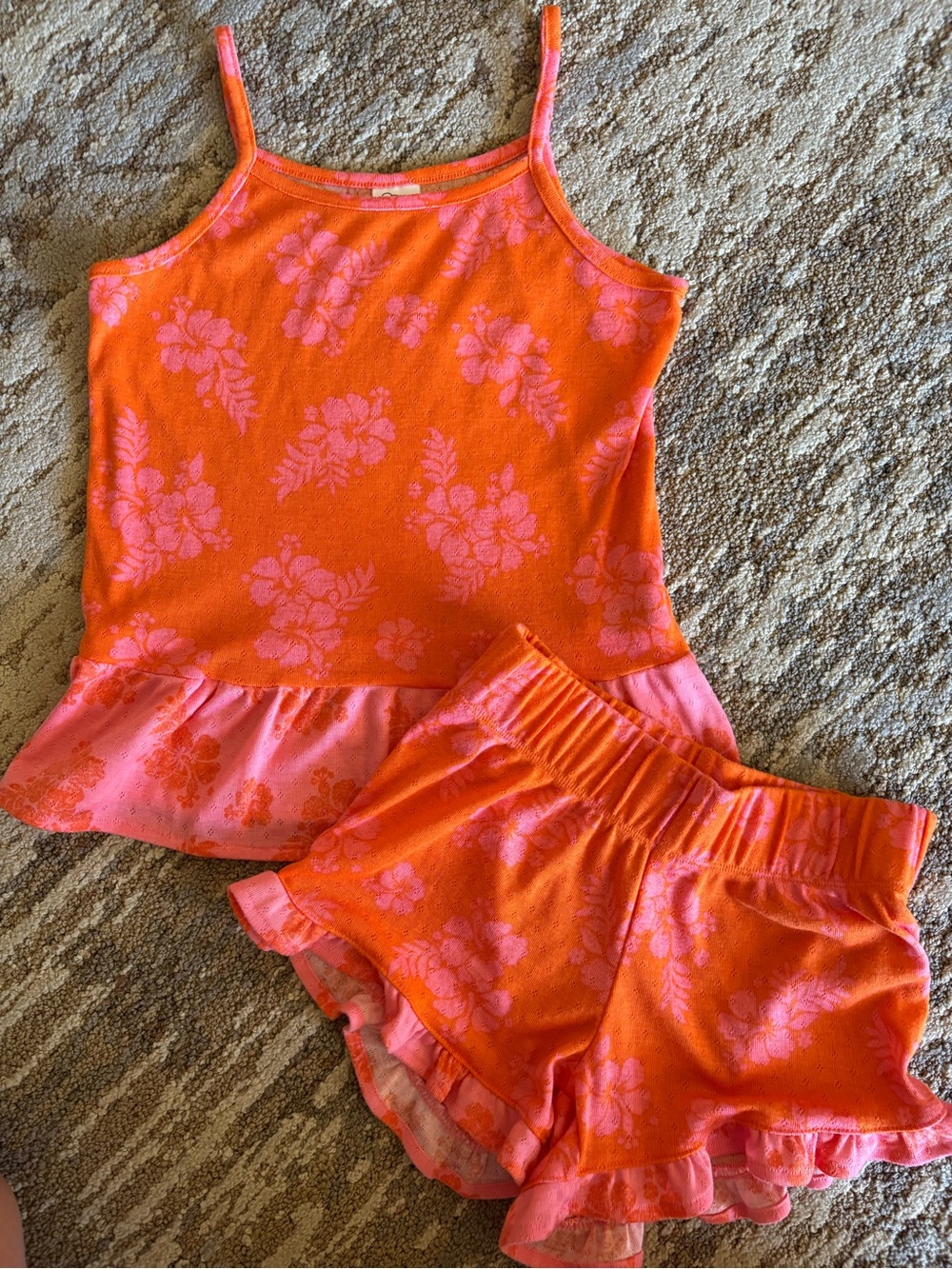 Art Class Girls Orange Pink Hibiscus Floral Pajama Set Camisole Shorts